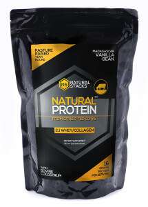 large bag of vanilla grass-fed whey protein powder from Natural Stacks