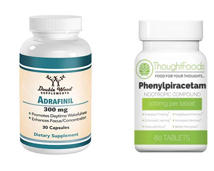 image of two nootropics bottles - adrafinil and phenylpiracetam, and comparing the two